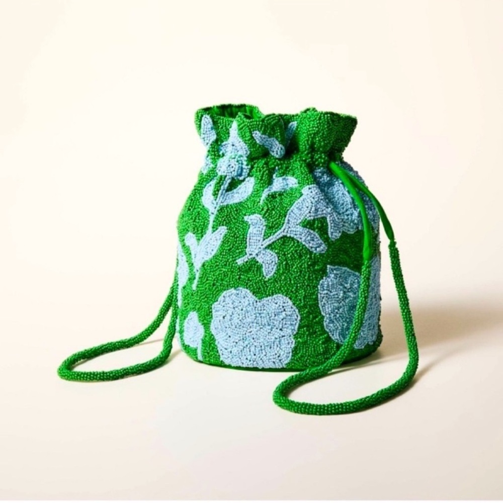 New! Kate Spade Beaded Classic Rose Drawstring
Bucket Bag in Green & Blue - Picture 2 of 7